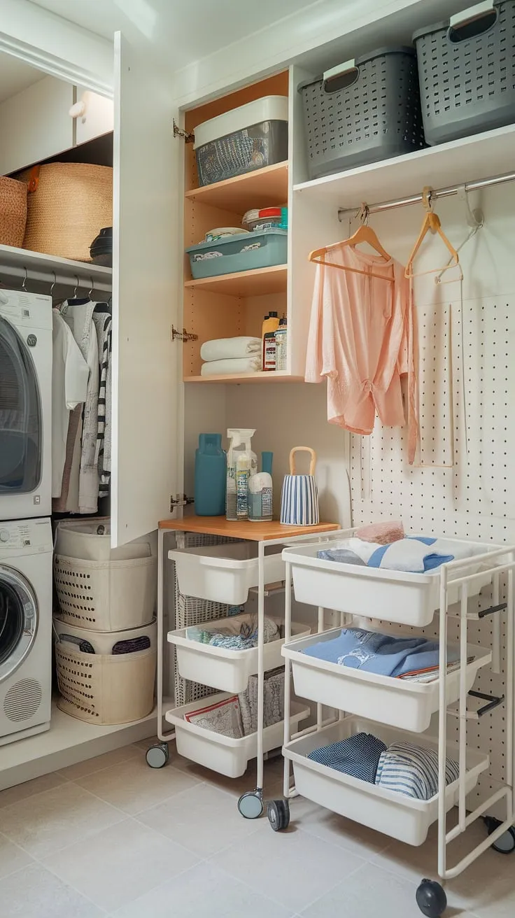 Laundry room organization goals!  This inspiring laundry room design features a mix of open and closed storage, including laundry room cabinets, shelving, and laundry room baskets, all working together to create a functional and stylish space.  The addition of a laundry room cart, hooks, and a drying rack provides ample laundry room storage solutions and demonstrates clever laundry room furniture choices for efficient laundry room decluttering.  Get inspired by these laundry room ideas and discover the perfect balance of form and function.