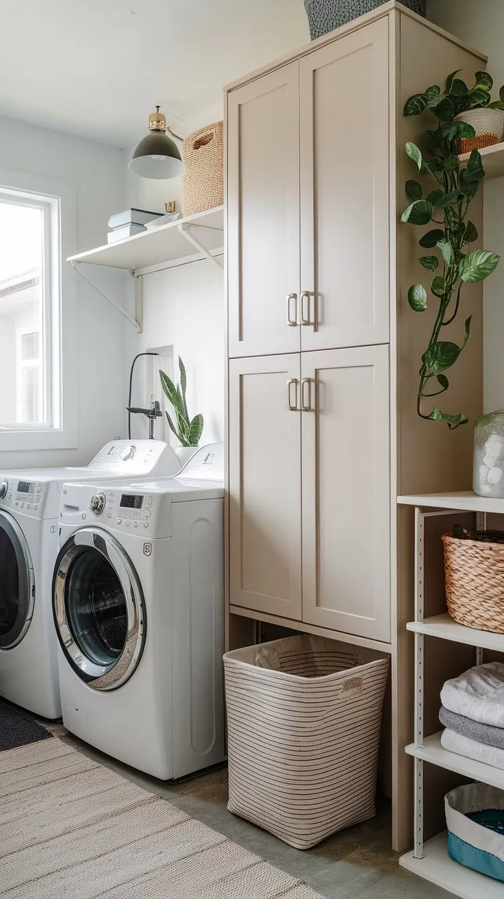 This laundry room design is the epitome of efficient laundry room organization.  We've incorporated a variety of laundry room furniture and storage solutions, including custom cabinets, shelving, and baskets, to keep everything tidy.  The laundry room space-saving strategies, such as utilizing vertical space with racks and hooks, are key to a clutter-free environment.  This is a perfect example of how thoughtful laundry room decluttering and the right accessories can transform a mundane chore into a pleasant experience.