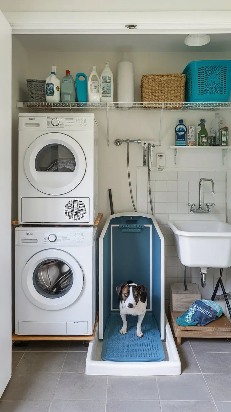 Multitasking at its finest! This utility room seamlessly blends home laundry with dedicated pet care.  A built-in dog bath and pet washing station sit alongside the washing machine and dryer, creating a convenient dog grooming area.  With ample storage for cleaning supplies, this pet-friendly space elevates the laundry room to a complete dog bathing area, making pet care a simple and efficient part of your daily routine.