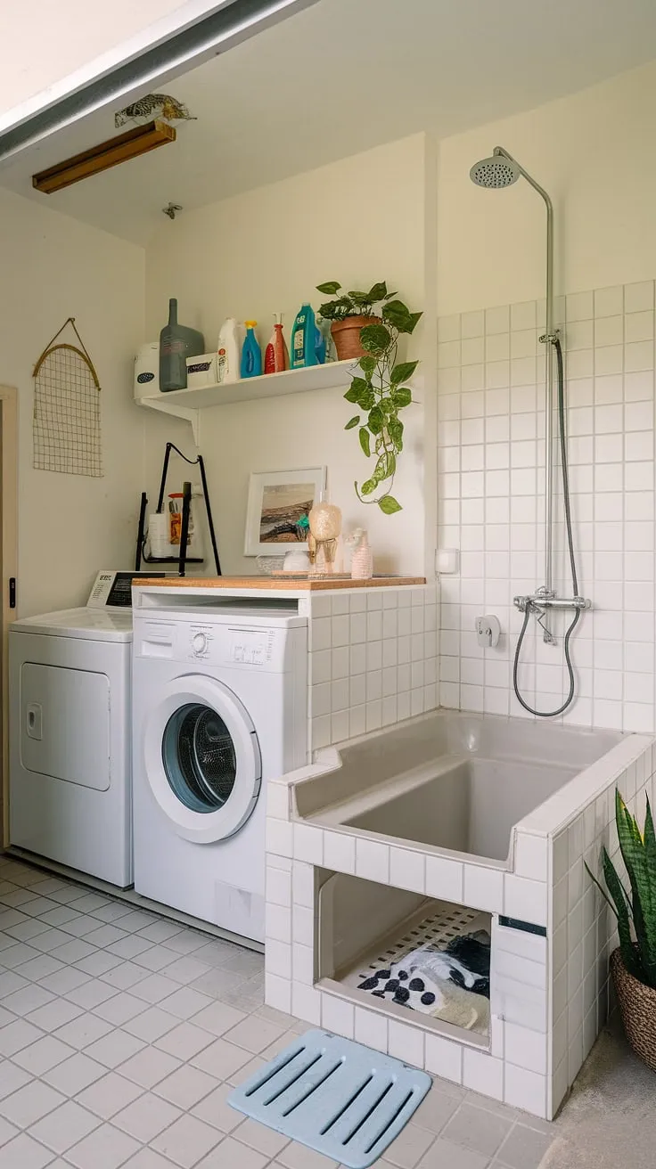 Multitasking at its finest! This utility room boasts a fully functional laundry area with washing machine and dryer, alongside a dedicated dog bathing area.  The pet washing station, complete with dog bath and dog shower, makes dog grooming a simple and enjoyable experience.  Conveniently located cleaning supplies complete this pet care haven, transforming this laundry room into a truly pet-friendly space.