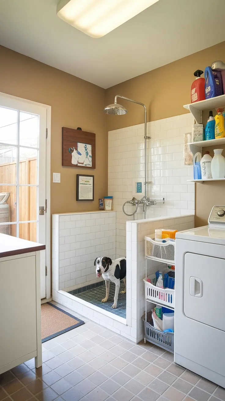 Multitasking at its finest! This laundry area seamlessly integrates a dedicated dog bath, transforming the utility room into a pet-friendly space.  The pet washing station, complete with a dog shower, simplifies dog grooming while the washing machine and dryer handle the laundry.  Conveniently located cleaning supplies complete this efficient pet care and home laundry setup.  This dog bathing area is a testament to thoughtful design.