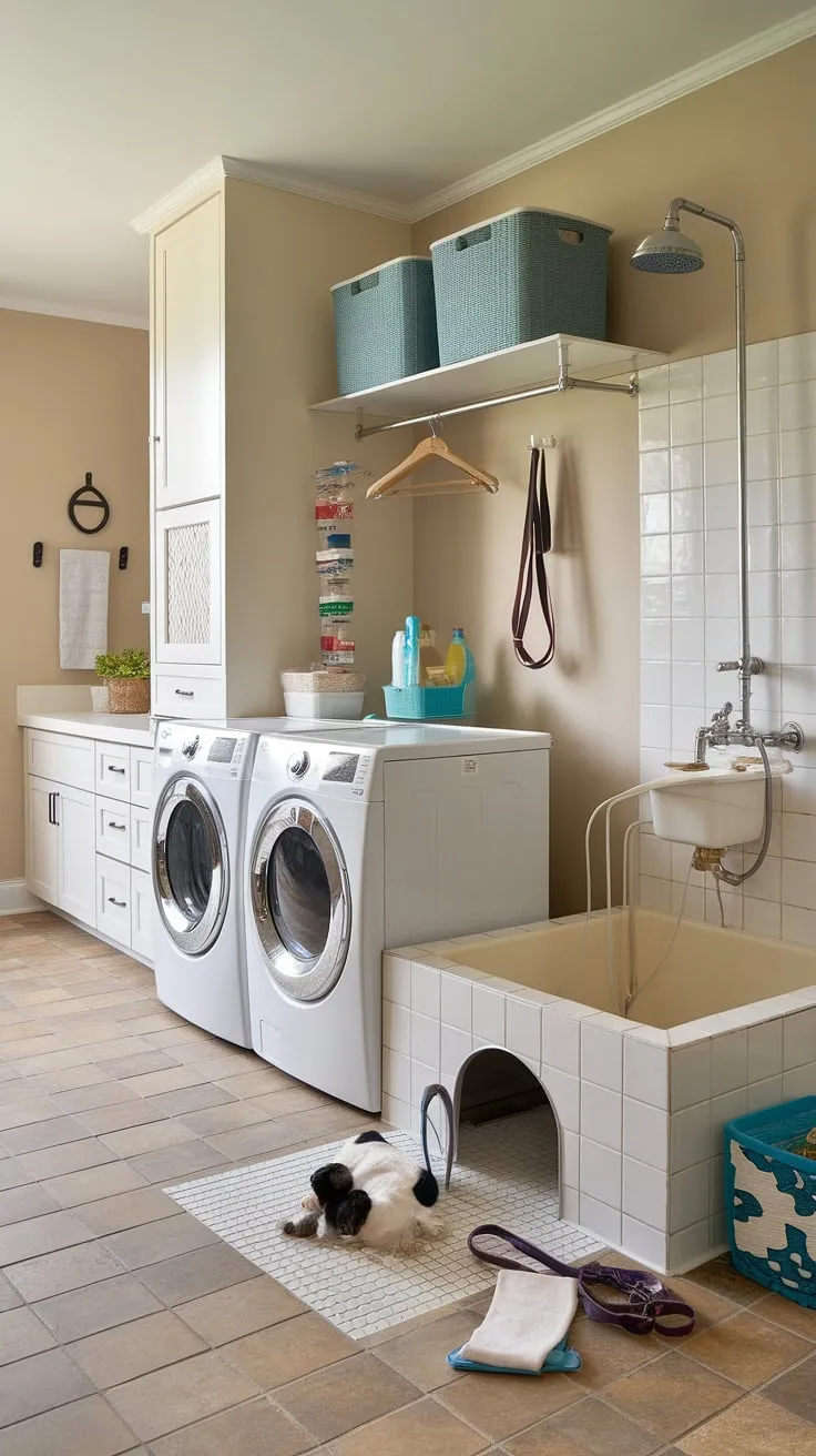 Transforming laundry day into a pampering experience! This pet-friendly laundry room boasts a convenient dog bath, complete with a dog shower and pet washing station.  With a washing machine and dryer for the human laundry, and a dedicated dog bathing area, this utility room is the epitome of efficient pet care.  Cleaning supplies are readily available, making this home laundry a truly functional and stylish pet-friendly space.