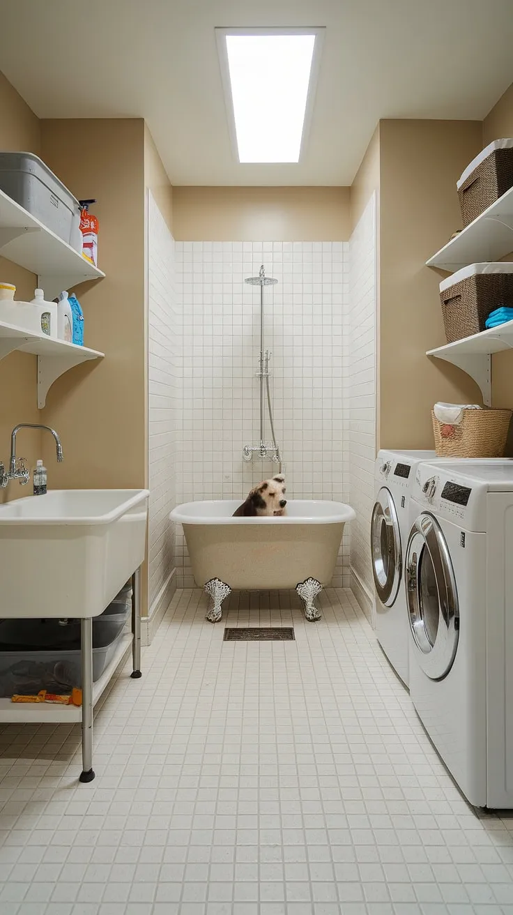 This laundry room is anything but ordinary!  Our dedicated pet washing station, complete with a dog bath and shower, makes dog grooming a breeze.  The adjacent washing machine and dryer handle the laundry, while the utility sink and cleaning supplies keep the whole laundry area sparkling.  It's the ultimate pet-friendly space, combining home laundry with convenient pet care in one efficient utility room.  This dog bathing area is a game-changer for both pet and owner!
