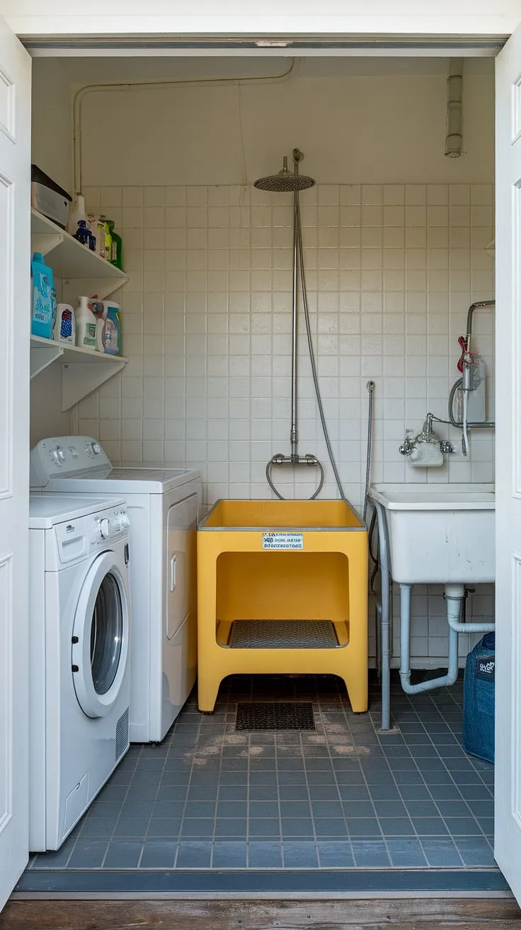 This laundry room is anything but ordinary!  A dedicated pet washing station, complete with a dog shower and bench, makes bath time a breeze.  Conveniently located near the washing machine and dryer, this pet-friendly space streamlines pet care and keeps the cleaning supplies readily accessible in this well-organized utility room.  This dog bathing area is the ultimate in home laundry luxury.