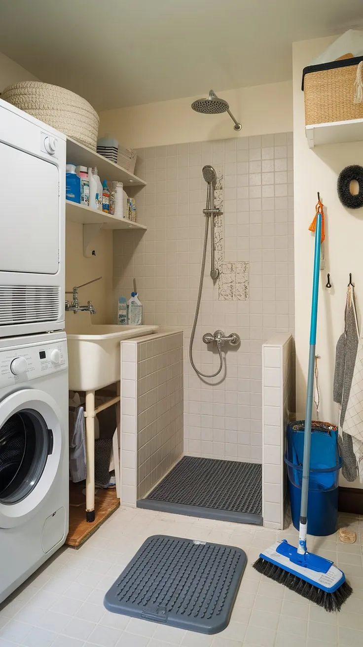 This laundry room is anything but ordinary!  A dedicated dog bath, complete with showerhead and non-slip mat, transforms this utility room into a convenient pet washing station.  With the washing machine and dryer nearby, pet care and home laundry are seamlessly combined in this pet-friendly space.  Cleaning supplies are readily available, and even a dog grooming brush has its place.  The perfect blend of practicality and pet pampering in this efficient dog bathing area.
