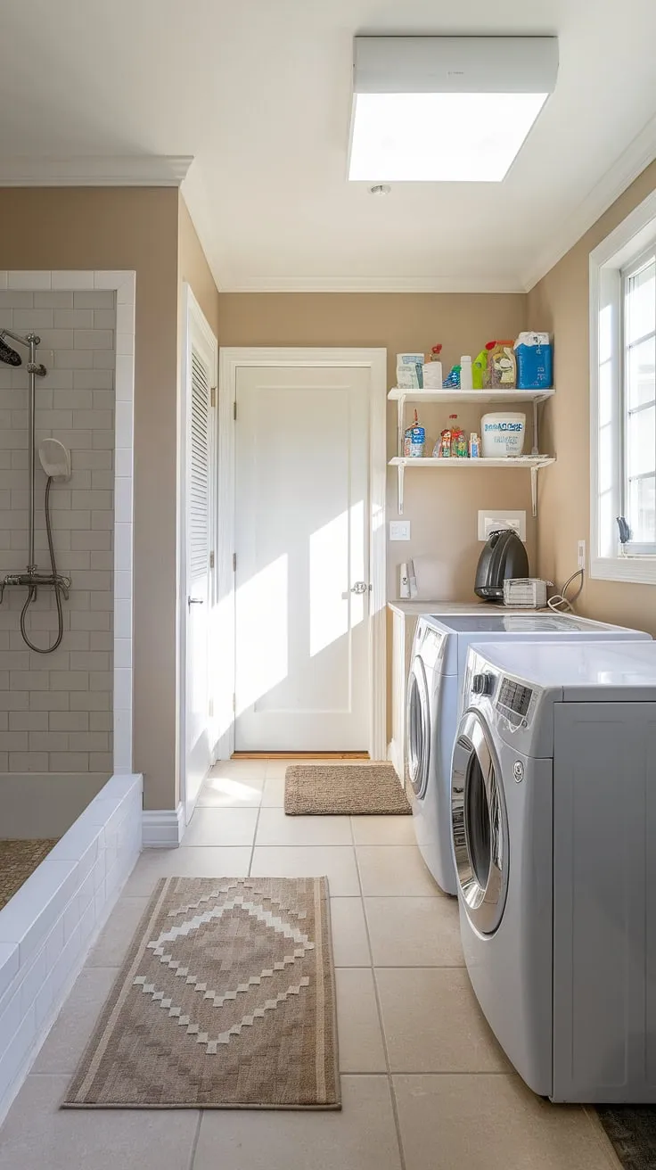 Say goodbye to muddy paws and hello to a sparkling clean pup! Our laundry area boasts a dedicated dog bathing area, featuring a convenient dog bath and pet washing station.  With a washing machine and dryer nearby, laundry day and dog grooming day can happen simultaneously in this efficient and pet-friendly space.  This thoughtfully designed utility room makes pet care a simple and enjoyable part of your routine.
