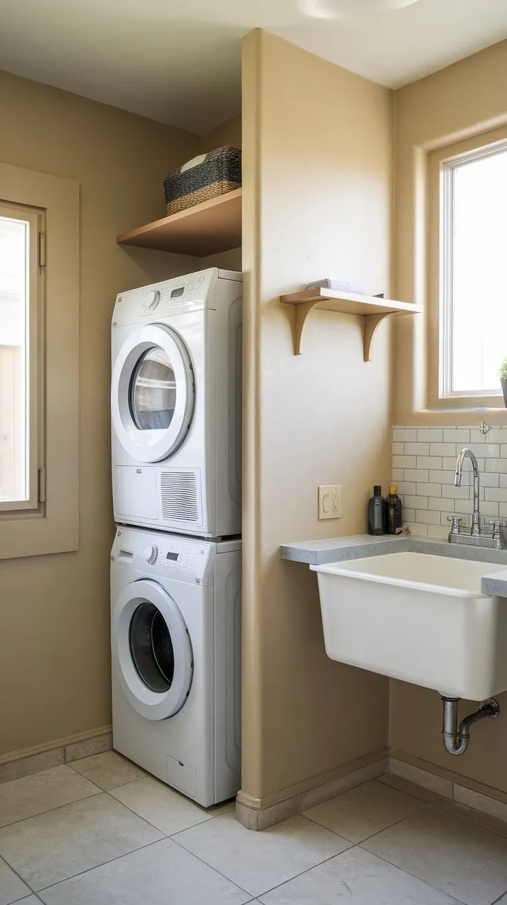 Transform a small space into a functional and aesthetically pleasing laundry room with this stacked laundry closet.  This laundry room with stackable washer dryer demonstrates how stacking washer and dryer units can create a surprisingly spacious feel, even in a compact laundry room closet ideas setting.  Explore these stacked laundry room ideas for inspiration in your own home, and discover the benefits of a well-designed laundry room with stackable washer dryer.