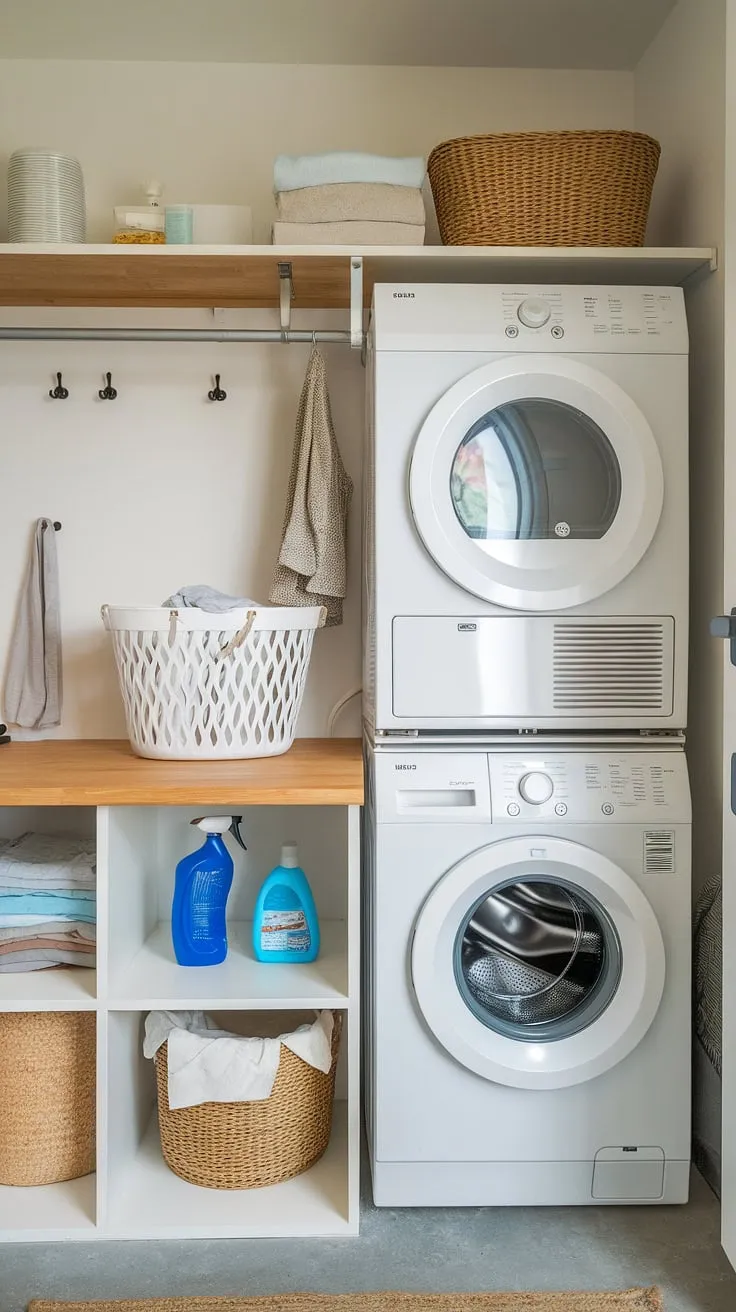 This compact yet stylish laundry room with stackable washer dryer is the epitome of efficient design.  The stacked laundry closet maximizes vertical space, making it an ideal solution for laundry room closet ideas in smaller homes.  This image provides ample inspiration for laundry room ideas stacked washer dryer, demonstrating how a thoughtful laundry room design stacked washer dryer can transform a hallway laundry closet stackable into a functional and beautiful space.  Explore the possibilities of stacking washer and dryer units and discover your own stacked laundry room ideas for laundry rooms with stacked washer dryer.