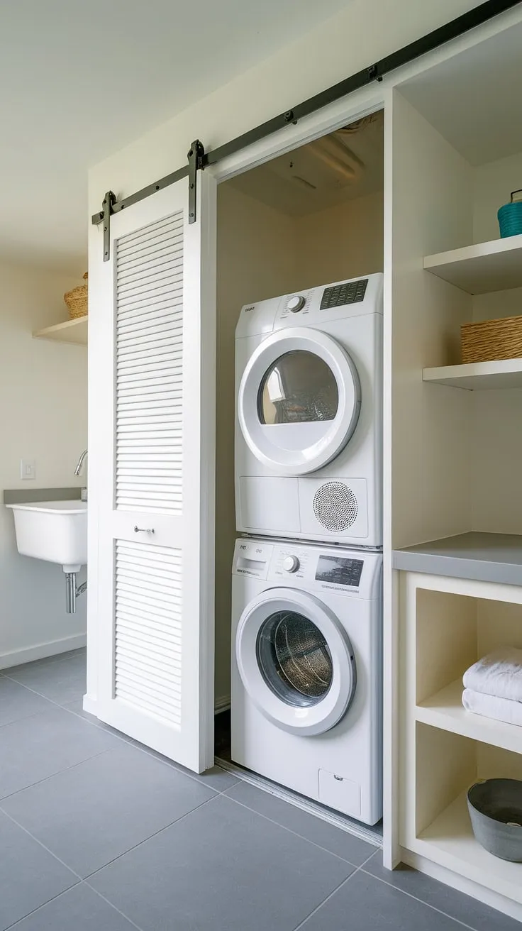 This laundry room with stackable washer dryer is a dream come true!  Clever laundry room closet ideas like this one, featuring a stacking washer and dryer, prove that even a small laundry room can be both functional and beautiful.  Explore laundry rooms with stacked washer dryer for inspiration on how to optimize your space.  This stacked laundry room design is a testament to the efficiency of a stacked laundry closet.