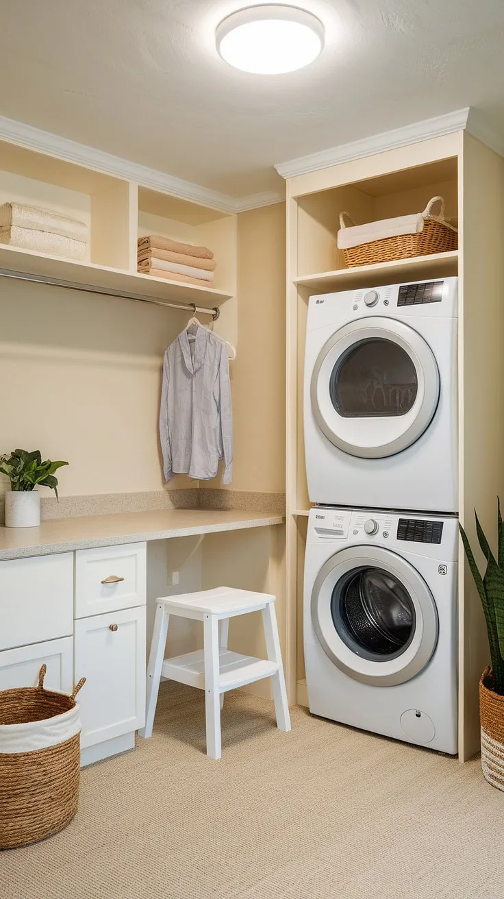Maximize space and style with this efficient laundry room with stackable washer dryer.  The hallway laundry closet stackable design offers clever laundry room ideas stacked washer dryer, perfect for smaller homes.  This laundry room design stacked washer dryer showcases how a stacked laundry closet can be both functional and aesthetically pleasing, incorporating smart laundry room closet ideas.