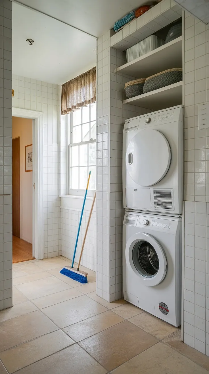 This efficient hallway laundry closet boasts a stackable washer and dryer, maximizing space and style.  Clever laundry room ideas like this, featuring a stacked washer dryer, are perfect for smaller homes.  Consider this laundry room design stacked washer dryer setup for your own laundry room with stackable washer dryer needs.