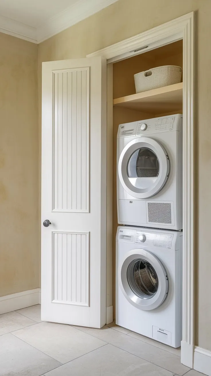 Maximize space and efficiency with this hallway laundry closet stackable washer and dryer setup.  This laundry room design stacked washer dryer solution offers clever laundry room ideas stacked washer dryer, perfect for smaller homes.  The stacked laundry room ideas create a streamlined and functional laundry room with stacked washer dryer.