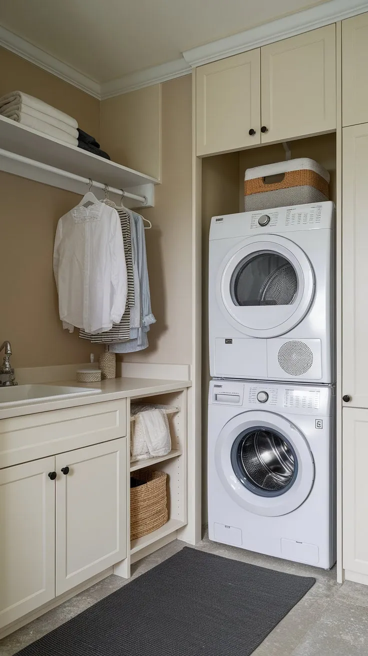Maximize space and style with this efficient laundry room design featuring a stackable washer and dryer.  The hallway laundry closet, cleverly incorporating a sink and hanging rod, offers a practical and aesthetically pleasing solution for even the smallest spaces. This laundry room with stackable washer dryer showcases smart storage and functionality, perfect for those seeking laundry room ideas stacked washer dryer or laundry rooms with stacked washer dryer solutions.  Consider this a prime example of stacked laundry closet organization and stacked laundry room ideas.
