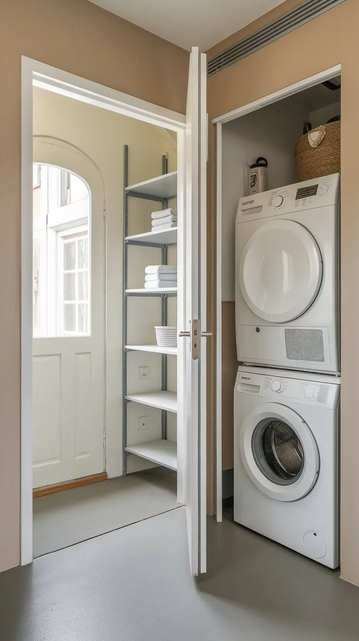 This compact yet complete laundry room with stackable washer dryer is a testament to smart laundry room design.  The stacked laundry closet maximizes vertical space, offering a streamlined solution for smaller homes.  For those seeking laundry room ideas for stacked washer dryer units, this image provides inspiration for creating a functional and attractive laundry room, even within a limited footprint.  Consider this a perfect example of stacking washer and dryer units for optimal space utilization in your laundry rooms with stacked washer dryer.