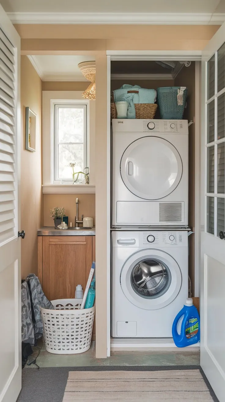 Maximize space and efficiency with this cleverly designed laundry room with stackable washer dryer.  The hallway laundry closet stackable setup offers a streamlined solution, perfect for smaller homes.  This laundry room ideas stacked washer dryer arrangement proves that even compact spaces can be stylish and functional.  Explore laundry rooms with stacked washer dryer designs for your own home renovation.  Consider this laundry room design stacked washer dryer layout for inspiration.  The stacked laundry closet maximizes vertical space, while the wooden cabinet adds a touch of warmth.  This stacking washer and dryer setup is a dream for apartment living or smaller homes.  These stacked laundry room ideas are perfect for maximizing space and minimizing clutter.  For more laundry room closet ideas, consider this compact and efficient design.