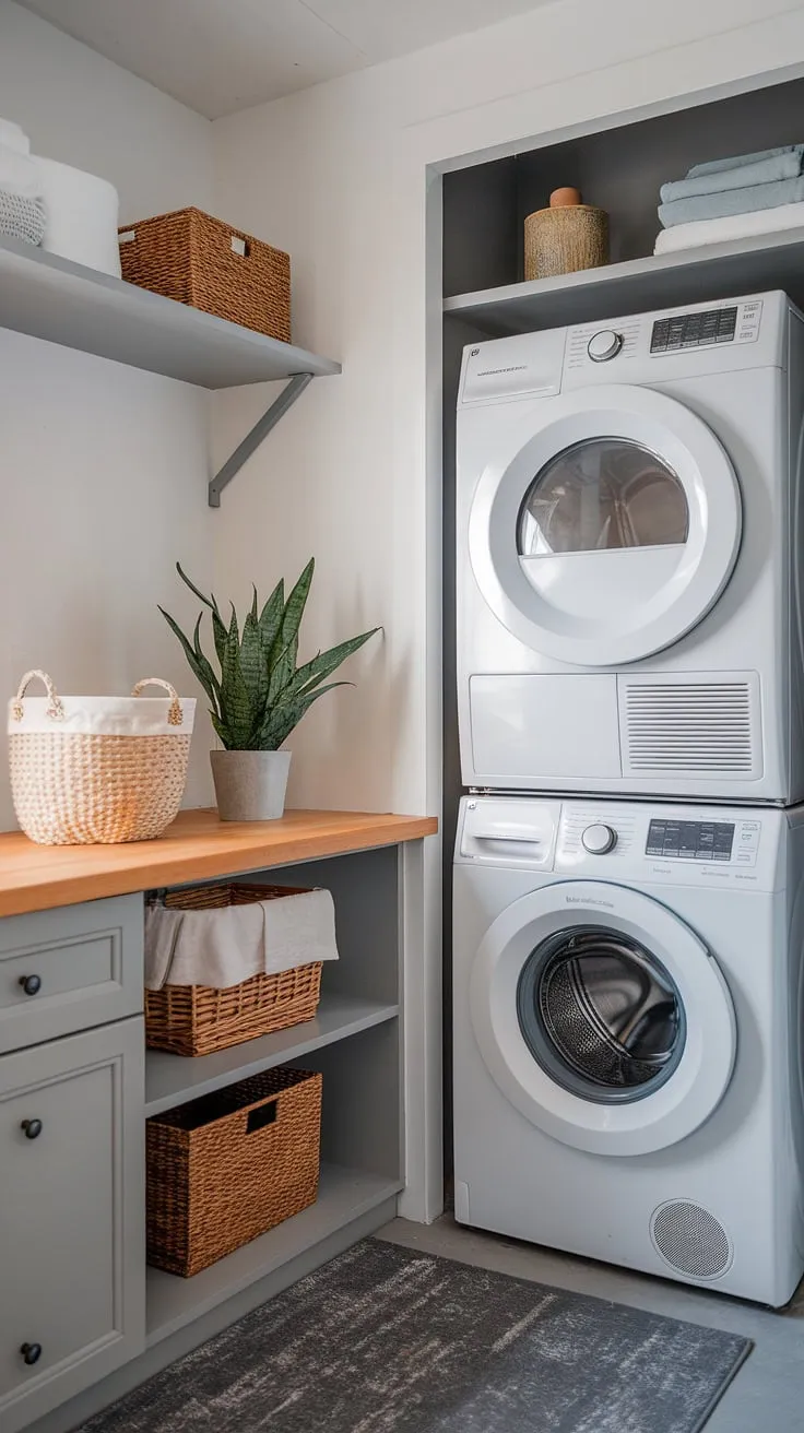 Maximize space and style with this hallway laundry closet stackable washer and dryer setup.  Clever laundry room ideas stacked washer dryer like this offer efficient laundry room design stacked washer dryer solutions, perfect for smaller homes.  This stacked laundry room showcases how to create a functional and aesthetically pleasing laundry room with stacked washer dryer, even in a compact laundry room closet ideas.