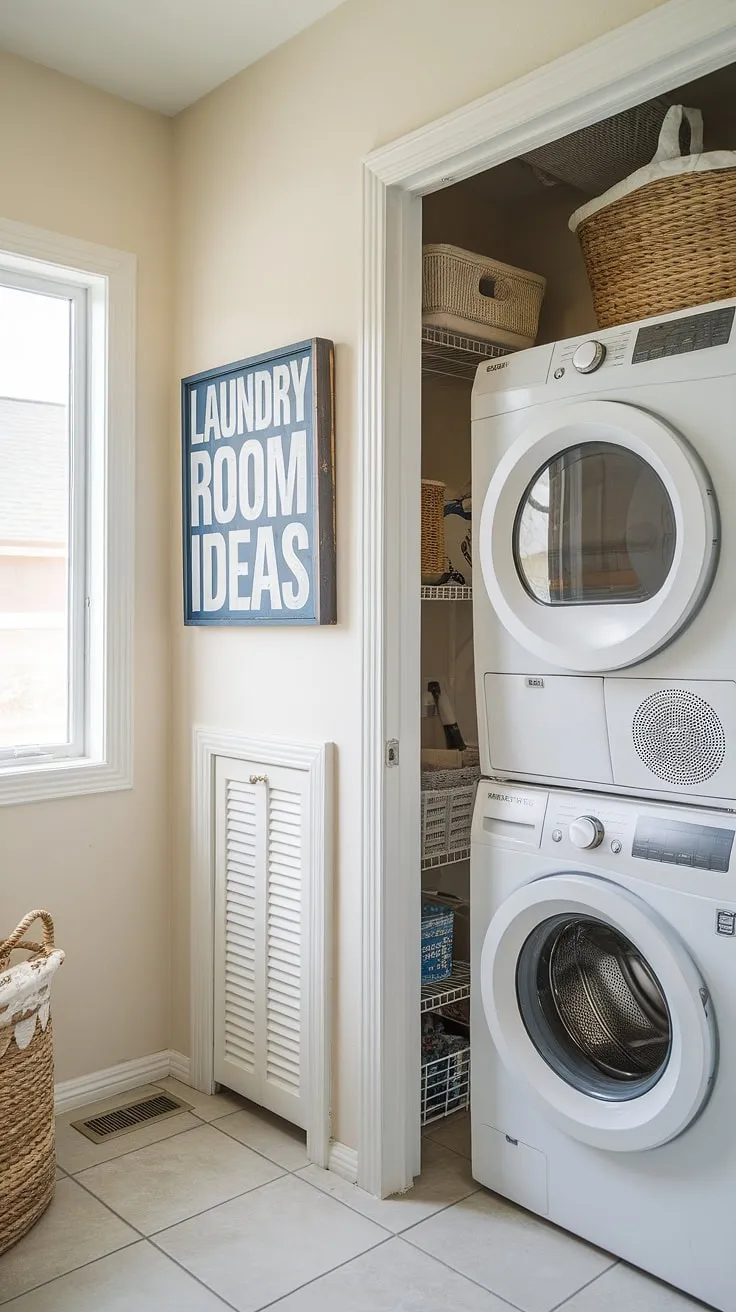 Maximize space and efficiency with this cleverly designed laundry room with stackable washer dryer.  The hallway laundry closet stackable setup proves that even a small space can be a stylish and functional laundry room design stacked washer dryer haven.  Plenty of laundry room ideas stacked washer dryer are showcased here, from the stacked laundry closet to the thoughtful use of natural light.