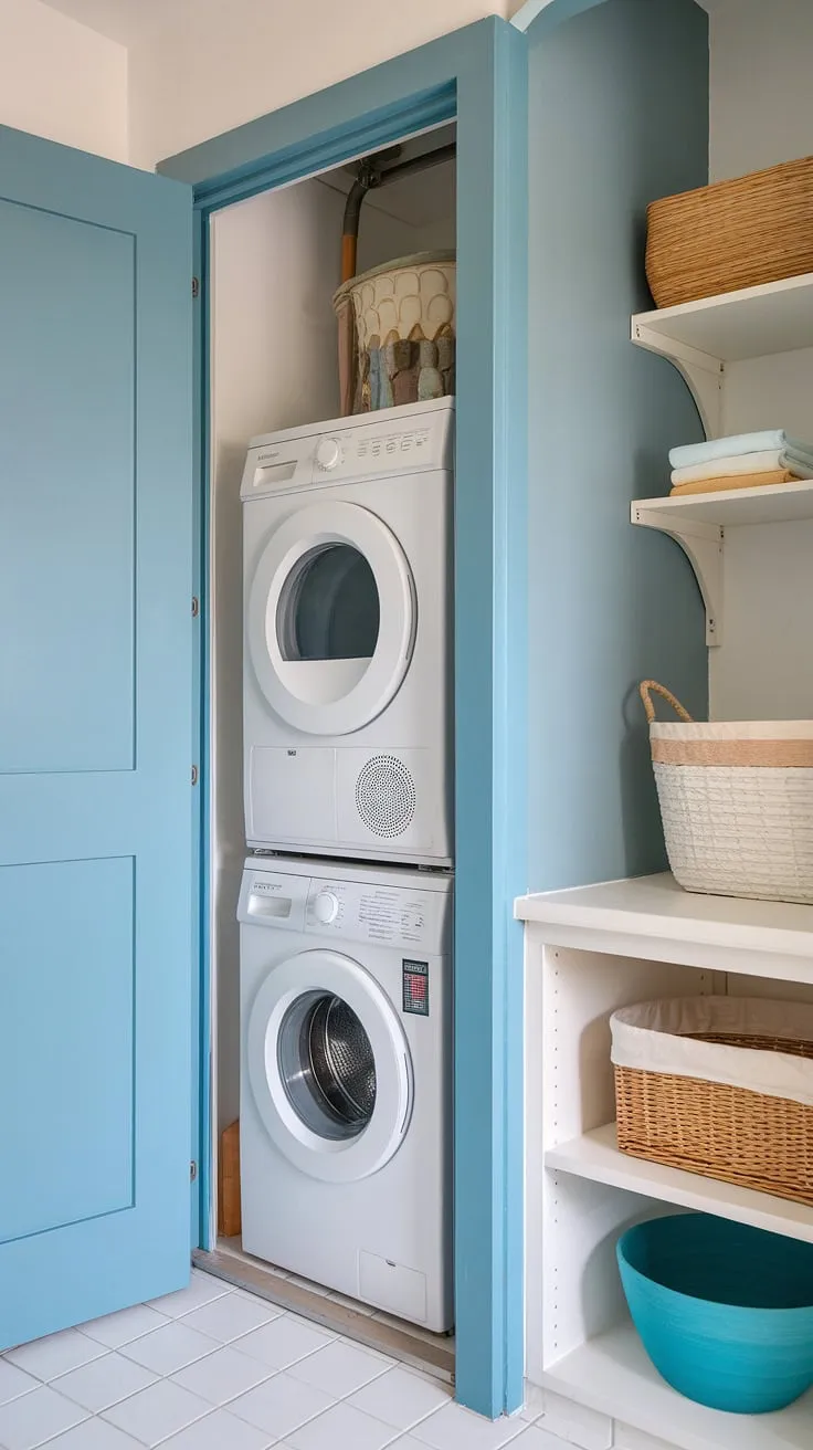 Maximize space and efficiency with this cleverly designed hallway laundry closet stackable washer and dryer setup.  This laundry room with stackable washer dryer showcases smart laundry room ideas stacked washer dryer, proving that even a small laundry room design stacked washer dryer can be stylish and functional.  Consider these laundry rooms with stacked washer dryer for inspiration in your own stacked laundry closet or laundry room closet ideas.
