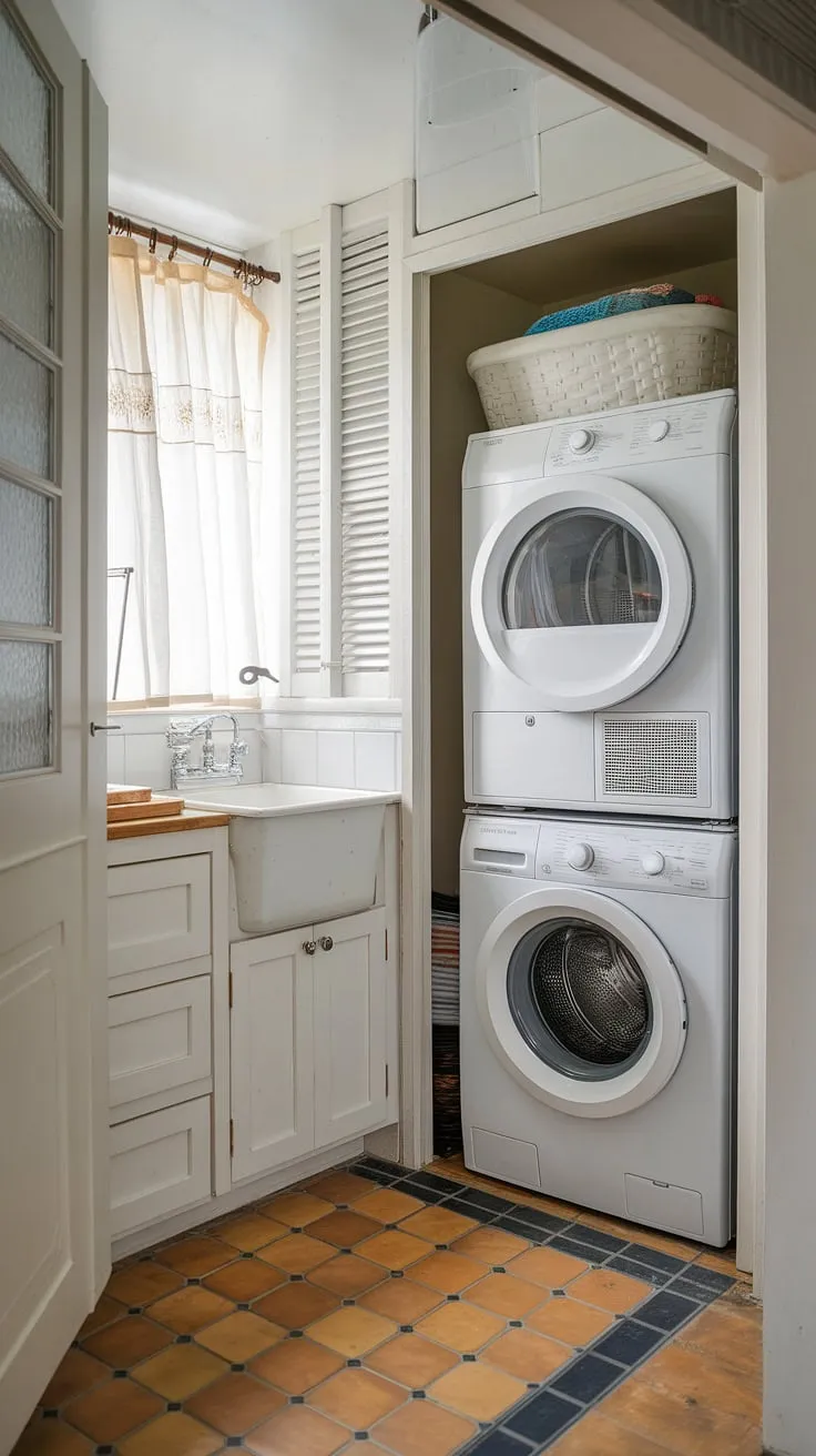 This laundry room with stackable washer dryer is the epitome of efficient laundry room design.  The stacked laundry closet maximizes vertical space, making it an ideal laundry room design stacked washer dryer solution for apartments or homes with limited square footage.  Explore these laundry rooms with stacked washer dryer for inspiration on how to create a functional and aesthetically pleasing stacked laundry room, even within a small laundry room closet.  Consider this a prime example of stacking washer and dryer for optimal space utilization.