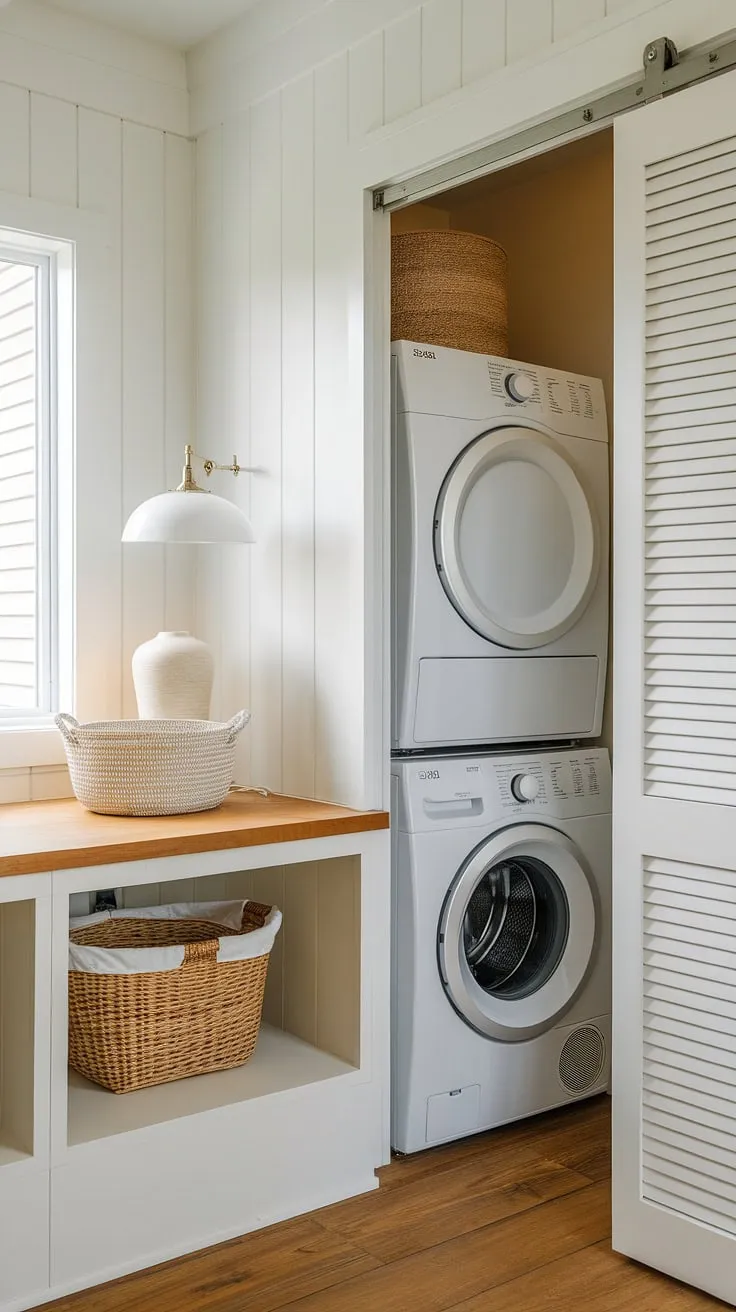 This laundry room with stackable washer dryer showcases the perfect blend of practicality and design.  The stacked laundry room ideas implemented here transform a small laundry rooms with stacked washer dryer area into a functional and attractive space.  The stacking washer and dryer unit fits seamlessly into the dedicated laundry room closet, offering a clean and efficient laundry room design stacked washer dryer solution.  Explore these laundry room ideas stacked washer dryer options for your own home.