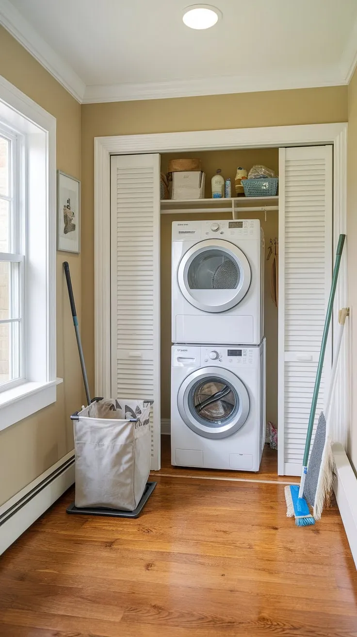 Maximize space and efficiency with this hallway laundry closet stackable washer and dryer setup.  Clever laundry room ideas stacked washer dryer like this offer a streamlined design, perfect for smaller homes.  This laundry room design stacked washer dryer solution showcases how a stacked laundry closet can be both functional and stylish, proving that even a small laundry room can be a dream.