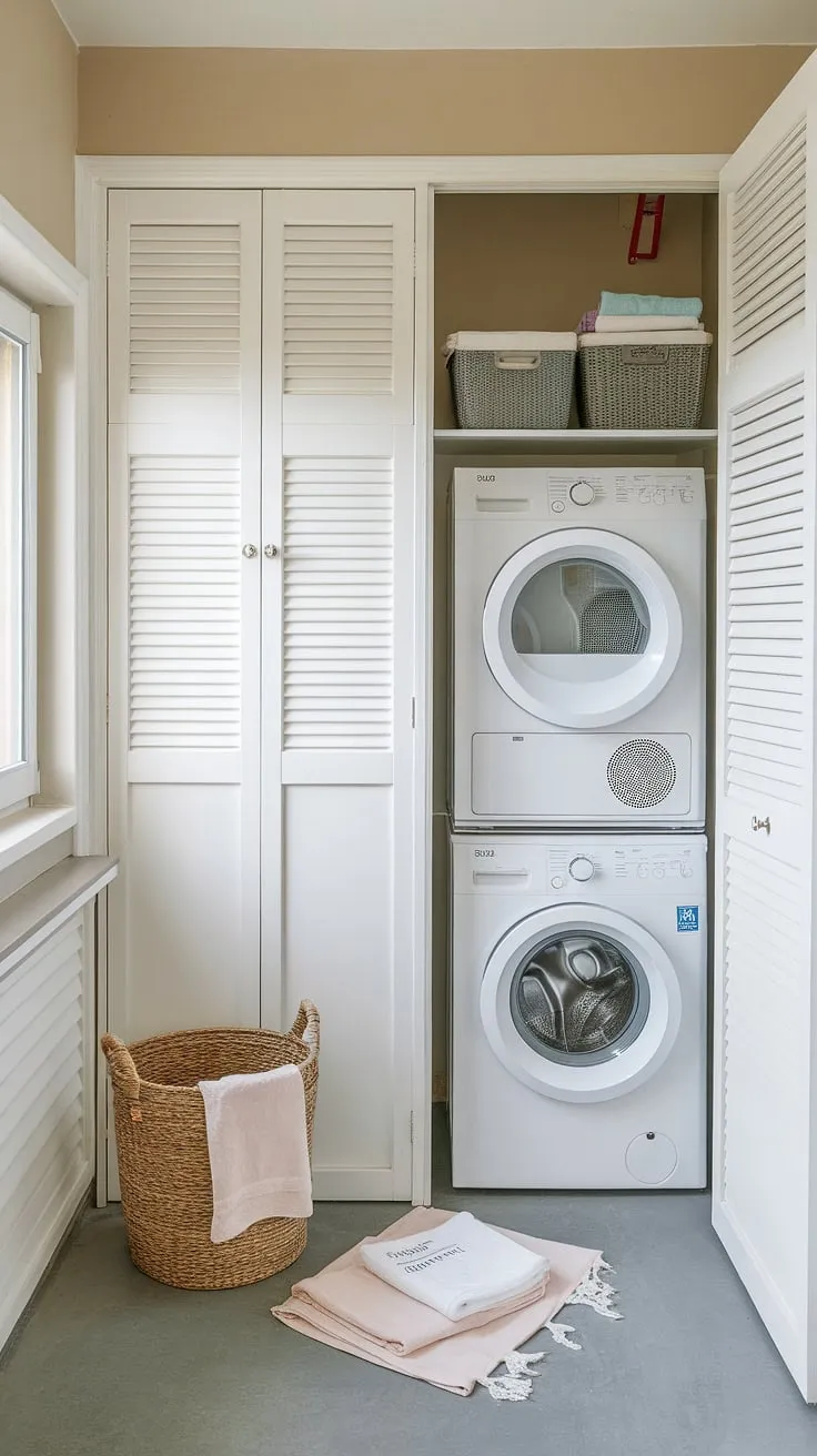Maximize space and efficiency with this hallway laundry closet featuring a stackable washer and dryer.  This laundry room design, showcasing a stacked washer dryer, offers clever laundry room ideas for even the smallest spaces.  Consider this stacked laundry room ideas for your own home, exploring laundry room closet ideas for optimal organization.