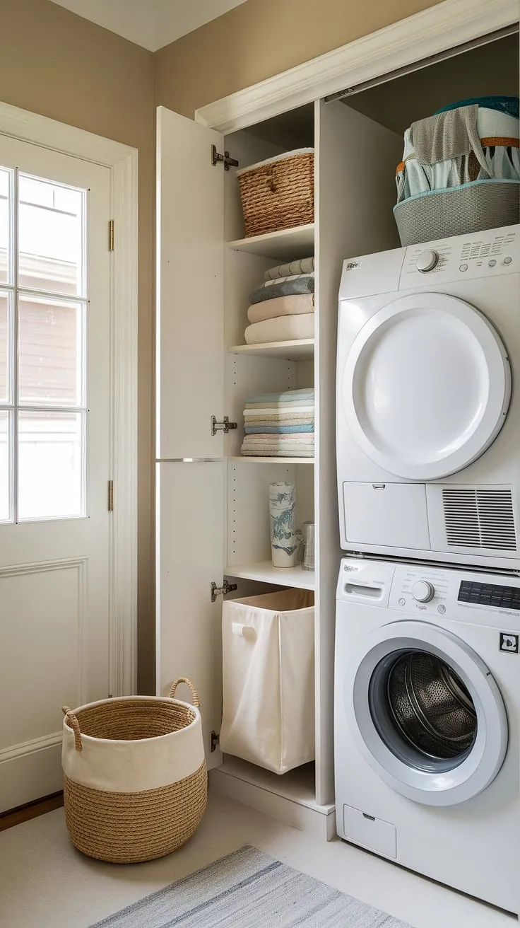Maximize space and style with this hallway laundry closet stackable washer and dryer setup.  Clever laundry room ideas stacked washer dryer like this offer efficient laundry room design stacked washer dryer solutions, perfect for smaller homes.  This stacked laundry room showcases how even a laundry room closet ideas can be both functional and aesthetically pleasing.  The stacking washer and dryer saves valuable floor space, making it an ideal choice for laundry rooms with stacked washer dryer.