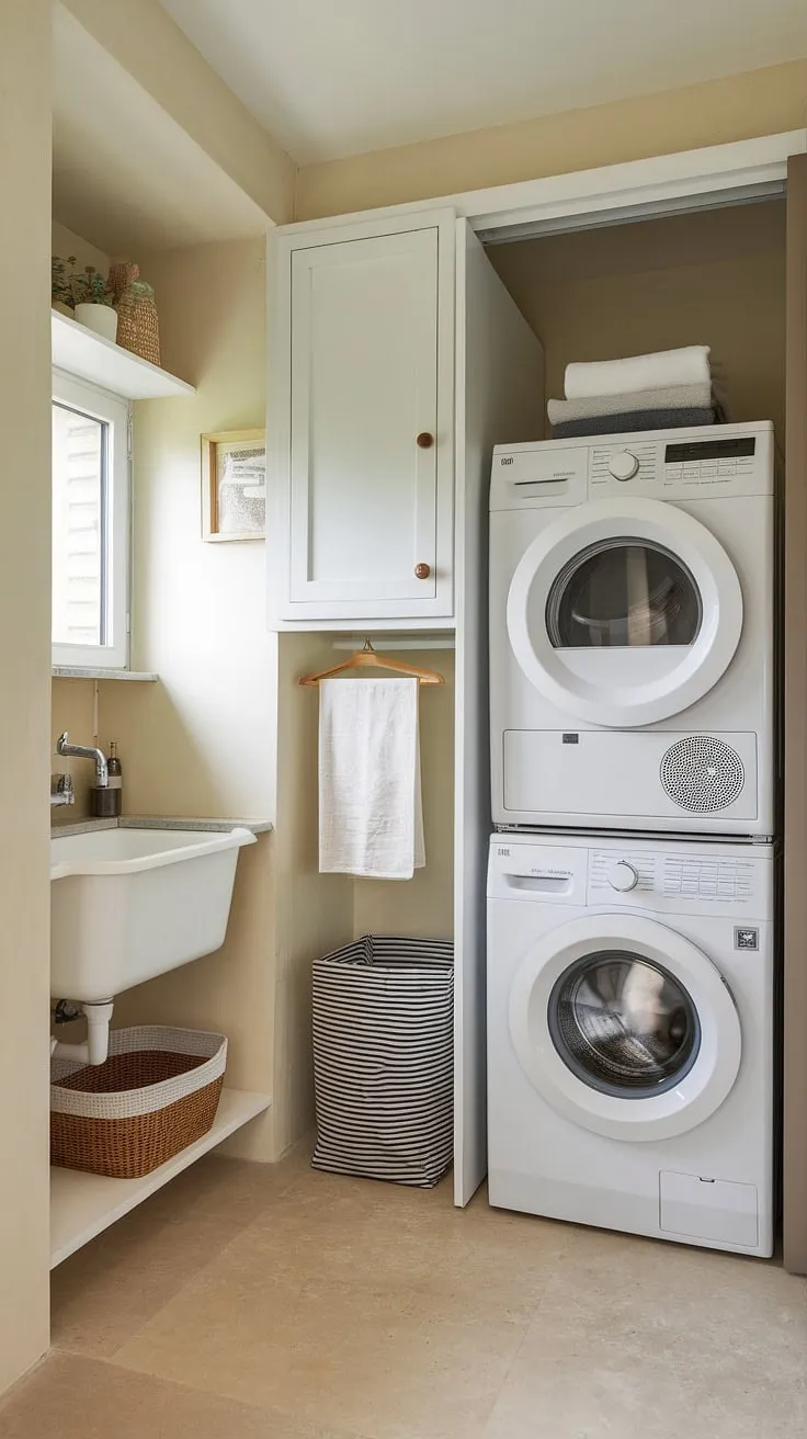 Maximize space and efficiency with this cleverly designed laundry room with stackable washer dryer.  The hallway laundry closet stackable setup offers a streamlined solution, showcasing laundry room ideas stacked washer dryer perfectly. This compact design proves that even small laundry rooms with stacked washer dryer can be stylish and functional, embodying the best of laundry room design stacked washer dryer.  Consider this inspiration for your own stacked laundry closet or explore more laundry room closet ideas.