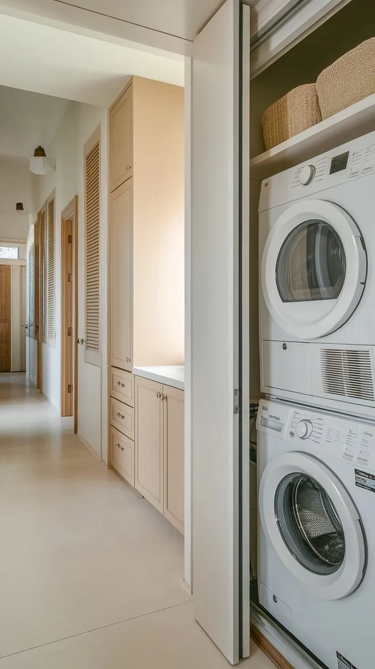 This laundry room with stackable washer dryer showcases how stacking washer and dryer units can transform a small space.  The stacked laundry room ideas here demonstrate how to create a practical and attractive laundry room design stacked washer dryer, even within a hallway laundry closet stackable setup.  From laundry room ideas stacked washer dryer to laundry rooms with stacked washer dryer, this design offers inspiration for maximizing efficiency and style.