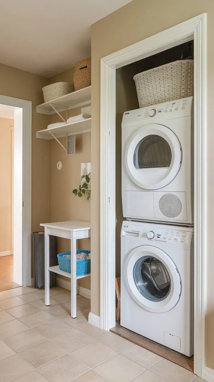 Maximize space and efficiency in this hallway laundry closet with a stackable washer and dryer.  Clever shelving and a small table complete this functional laundry room design, showcasing smart laundry room ideas for stacked washer dryer units.