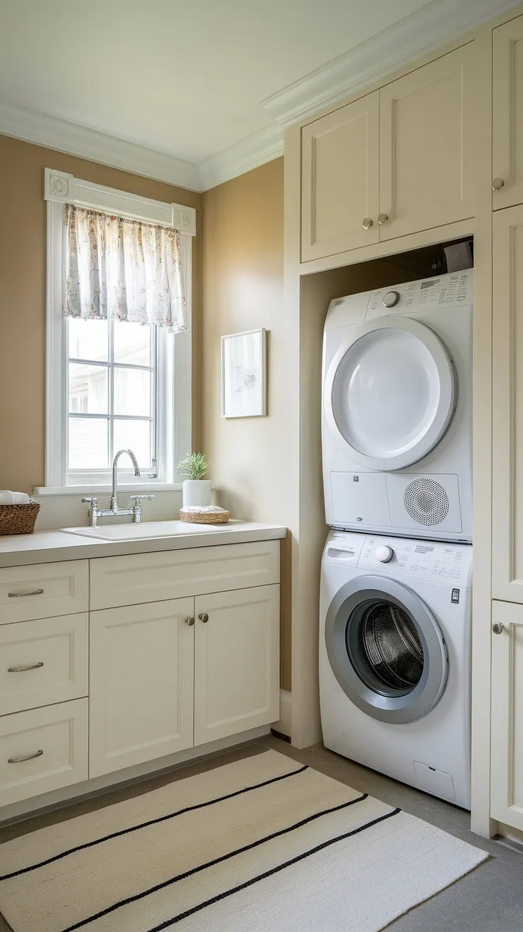 Maximize space and style with this efficient laundry room design featuring a stackable washer and dryer.  The hallway laundry closet, cleverly incorporating a sink and countertop, showcases smart laundry room ideas stacked washer dryer, proving that even a small stacked laundry closet can be both functional and aesthetically pleasing.  This laundry room with stackable washer dryer is a testament to the possibilities of stacking washer and dryer units, offering inspiration for laundry rooms with stacked washer dryer and laundry room closet ideas.