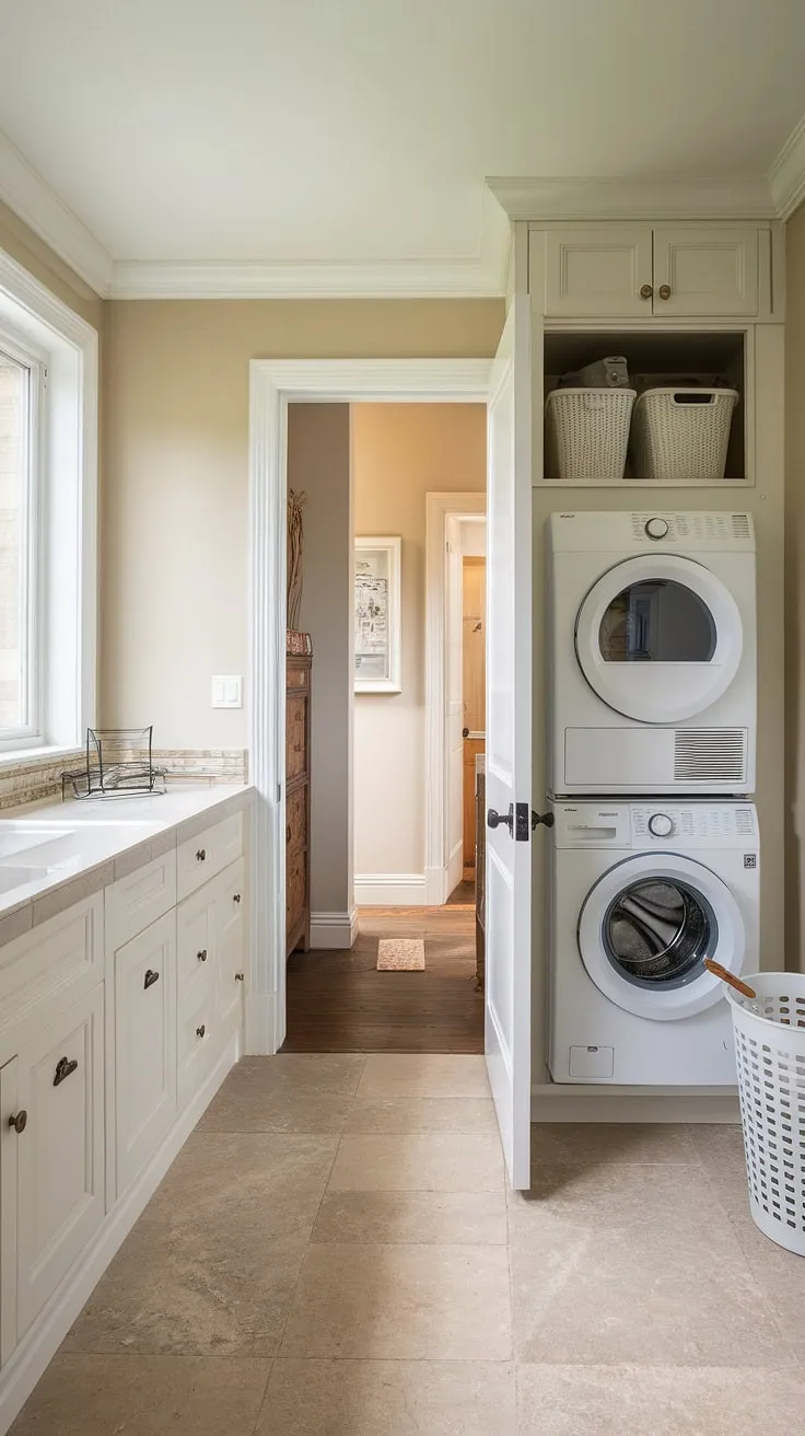 Maximize space and style with this efficient laundry room design featuring a stacking washer and dryer.  The hallway laundry closet cleverly incorporates a stackable unit, offering a seamless blend of functionality and aesthetic appeal.  This laundry room with stackable washer dryer showcases smart laundry room ideas stacked washer dryer, perfect for smaller homes.  Consider this laundry room design stacked washer dryer for your own space.  Laundry rooms with stacked washer dryer are a popular choice for their space-saving design.  This stacked laundry closet is a testament to how a little creativity can transform a small space.  Explore more stacked laundry room ideas and laundry room closet ideas for your home renovation.