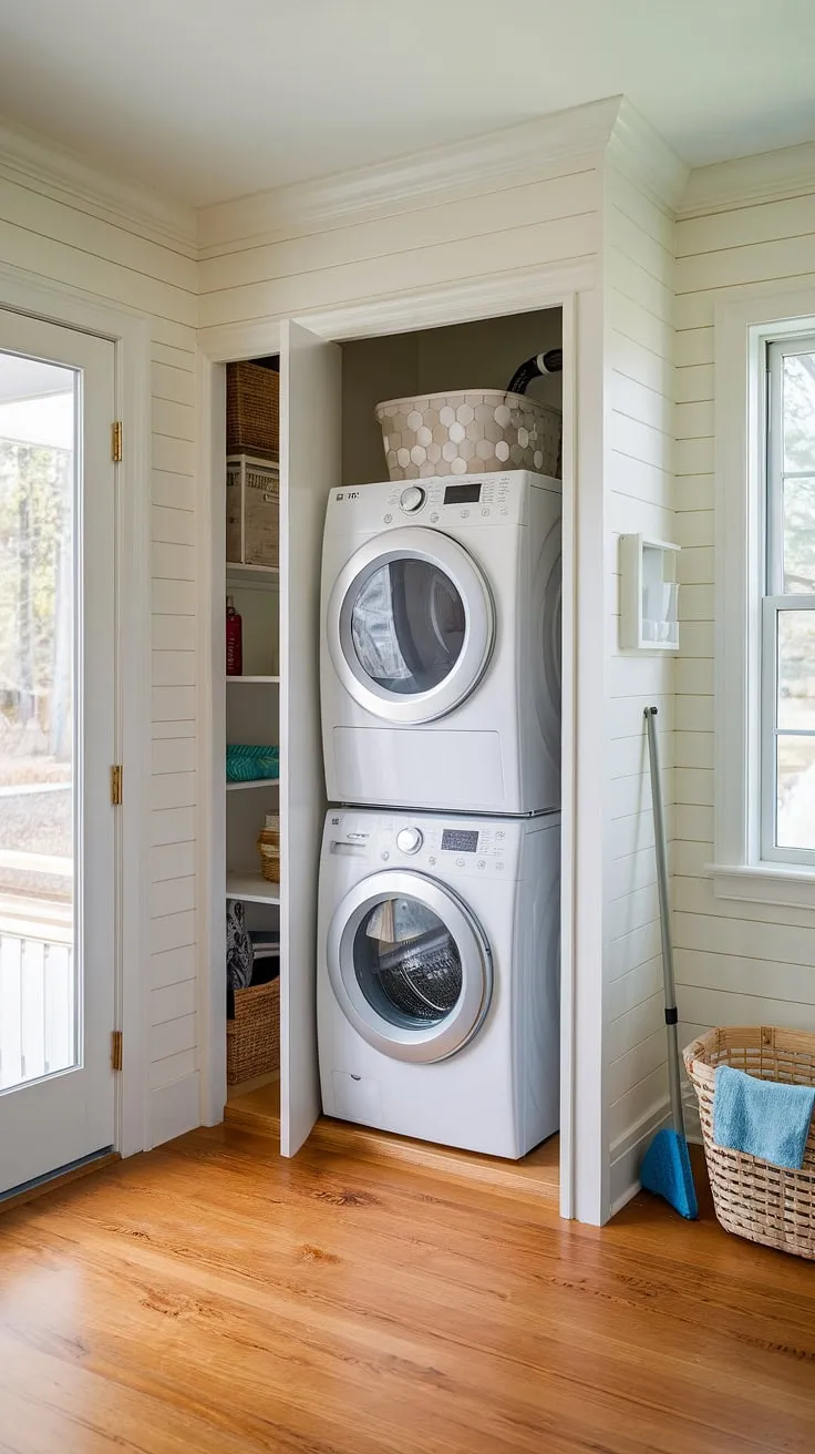 This laundry room with stackable washer dryer proves that even a small space can be a stylish and functional laundry room.  The stacking washer and dryer fits perfectly into this dedicated stacked laundry closet, offering a clean and organized laundry room design stacked washer dryer.  These laundry rooms with stacked washer dryer are a great example of how to incorporate a stacked laundry room ideas into any home.  Consider this for your next laundry room closet ideas.