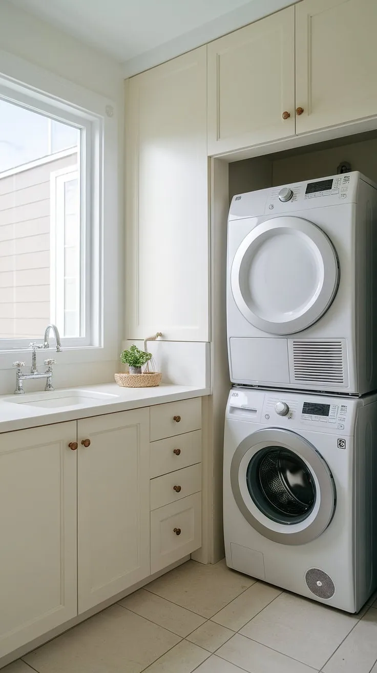 Maximize space and style with this efficient laundry room design featuring a stackable washer and dryer.  The hallway laundry closet, cleverly incorporating a sink and countertop, showcases smart laundry room ideas stacked washer dryer solutions. This stacked laundry room design proves that even a small laundry room closet can be both functional and aesthetically pleasing.  Consider this for your own laundry room with stacked washer dryer needs.