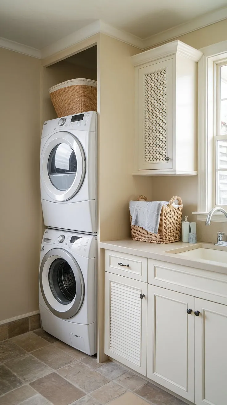 Maximize space and efficiency with this hallway laundry closet stackable washer and dryer setup.  Clever laundry room ideas stacked washer dryer like this offer a streamlined design, perfect for smaller homes. This laundry room design stacked washer dryer showcases how to create a functional and stylish laundry room with stacked washer and dryer, even in a compact space.  The stacked laundry closet maximizes vertical space, offering a solution for laundry rooms with stacked washer dryer.