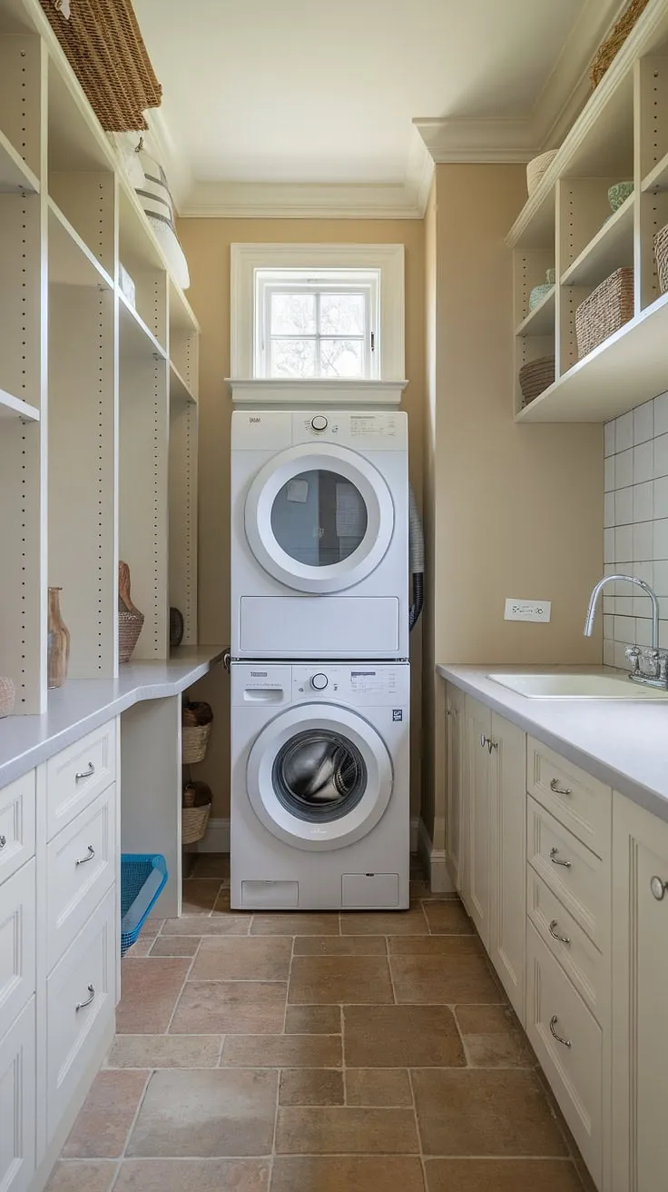 This laundry rooms with stacked washer dryer demonstrates how a stacked laundry closet can transform a small space.  The efficient use of vertical space, incorporating a sink and abundant shelving, provides inspiration for laundry room ideas stacked washer dryer.  This laundry room design stacked washer dryer is a testament to maximizing functionality in a minimal footprint, offering practical stacked laundry room ideas and clever laundry room closet ideas for those with limited square footage.