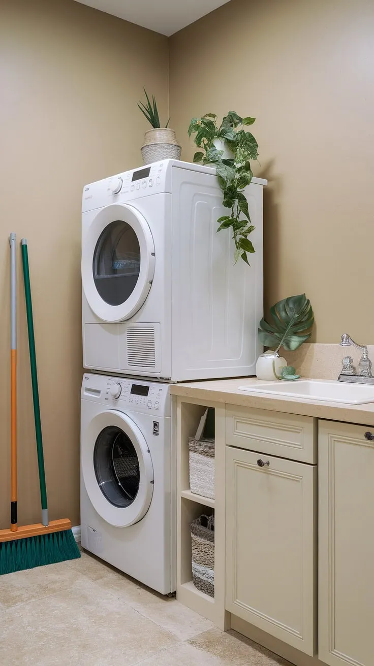 Maximize space and efficiency with this hallway laundry closet stackable washer and dryer setup.  Clever laundry room ideas stacked washer dryer like this offer a streamlined design, perfect for smaller homes.  This laundry room design stacked washer dryer solution proves that even a compact laundry room with stackable washer dryer can be stylish and functional.  Consider these laundry room closet ideas for your own space.