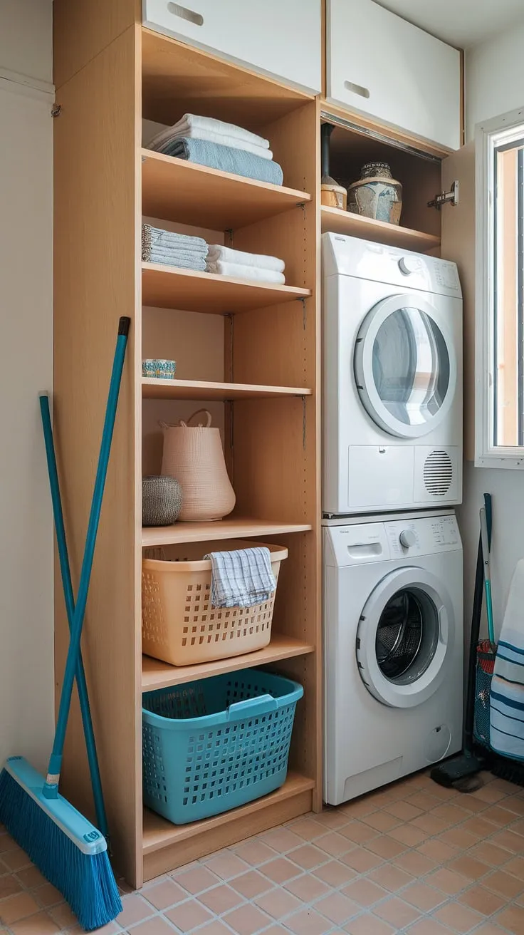 This laundry room with stackable washer dryer proves that even a compact stacked laundry room can be both practical and charming.  The stacked washer and dryer unit saves valuable floor space, while the wooden cabinet adds warmth and storage.  These stacked laundry room ideas showcase how to incorporate a stacking washer and dryer into a functional and stylish laundry rooms with stacked washer dryer design.  Find inspiration for your own laundry room closet ideas in this efficient and inviting space.