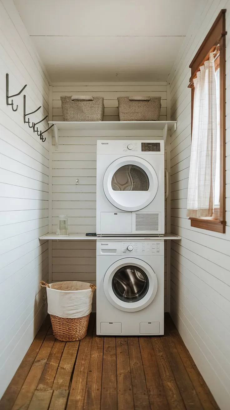 Maximize space and style with this efficient laundry room with stackable washer dryer.  The hallway laundry closet stackable design offers clever laundry room ideas stacked washer dryer, perfect for smaller homes.  This laundry room design stacked washer dryer showcases how to seamlessly integrate a stacking washer and dryer, even in a compact stacked laundry closet.  Consider these laundry rooms with stacked washer dryer for inspiration in your own laundry room closet ideas.