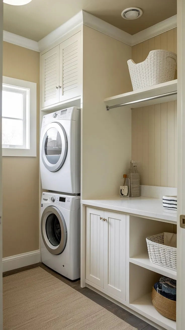 Maximize space and style with this hallway laundry closet stackable washer and dryer setup.  Laundry room ideas stacked washer dryer don't get much better than this efficient and chic design.  This laundry room design stacked washer dryer solution proves that even a small laundry room can be both functional and beautiful, offering plenty of storage with the white cabinet and shelf.  Consider this for your own laundry rooms with stacked washer dryer needs.