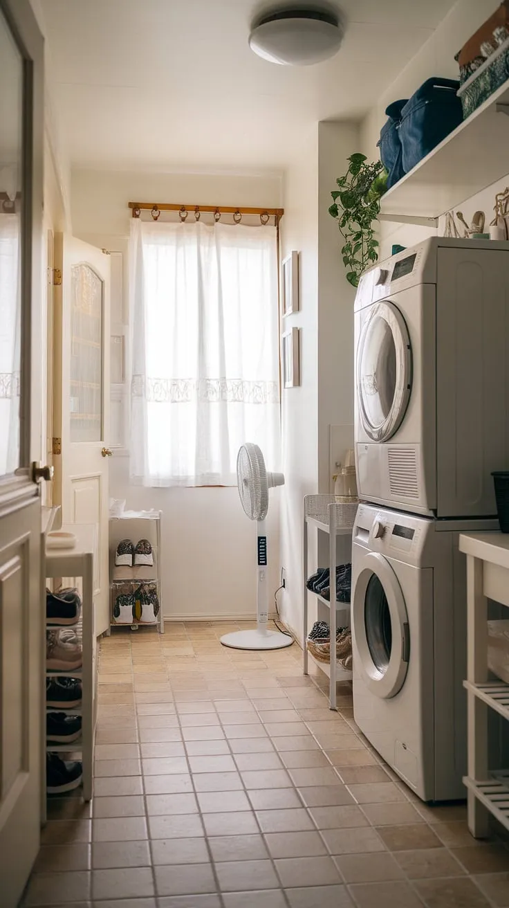 Maximize space and style with this efficient laundry room design featuring a stackable washer and dryer.  Clever storage solutions and a touch of greenery transform this hallway laundry closet into a functional and inviting space.  Ideas for laundry rooms with stacked washer dryers abound, but this one perfectly balances practicality with charm, showcasing the best of stacked laundry room ideas and laundry room closet ideas.