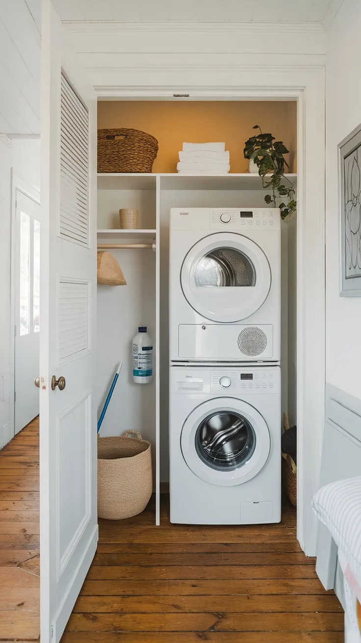 Maximize space and style with this efficient laundry room with stackable washer dryer.  The hallway laundry closet stackable design offers clever laundry room ideas stacked washer dryer, perfect for smaller homes.  This laundry room design stacked washer dryer showcases how to create a functional and aesthetically pleasing space, even in a stacked laundry closet.  Consider these laundry rooms with stacked washer dryer for inspiration in your own home.