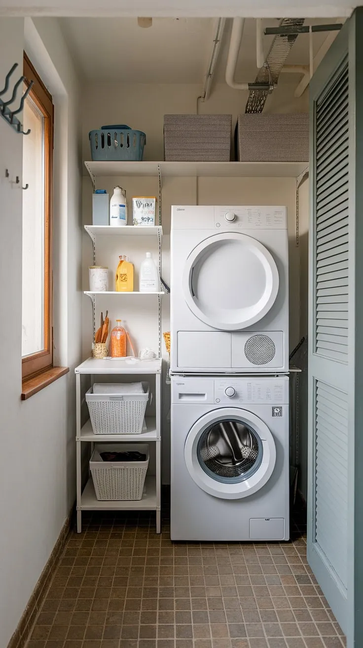 Maximize space and efficiency with this cleverly designed laundry room with stackable washer dryer.  The hallway laundry closet stackable setup offers a streamlined solution, showcasing laundry room ideas stacked washer dryer perfectly.  Note the thoughtful use of shelves and hooks, reflecting smart laundry room design stacked washer dryer principles. This stacked laundry closet is a testament to how even a small space can be transformed into a functional and stylish laundry rooms with stacked washer dryer haven.  Consider this for your own stacked laundry room ideas.