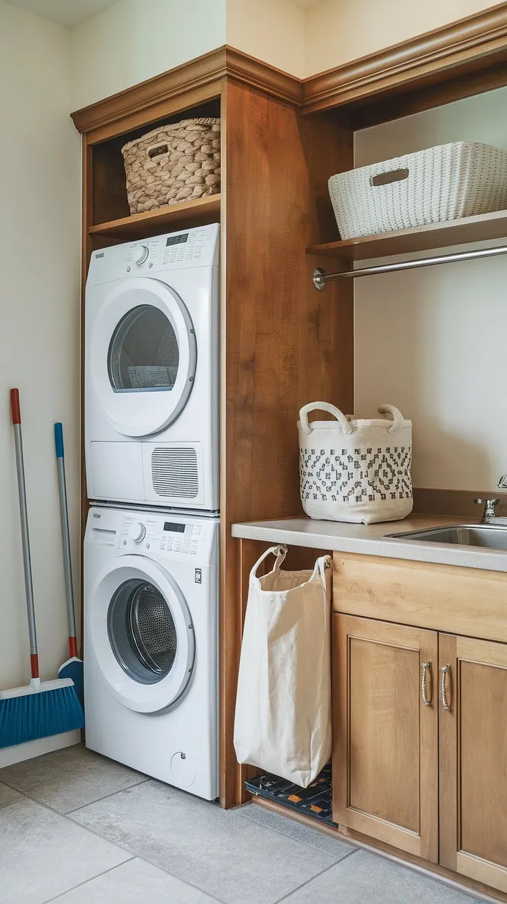 This efficient laundry room with stackable washer and dryer is the epitome of smart laundry room design.  The stacked laundry room ideas showcased here transform a small space into a functional and stylish area.  From stacking washer and dryer units to clever storage solutions, this laundry rooms with stacked washer dryer setup offers inspiration for your own stacked laundry closet.  Explore these laundry room ideas stacked washer dryer to create your dream laundry space.