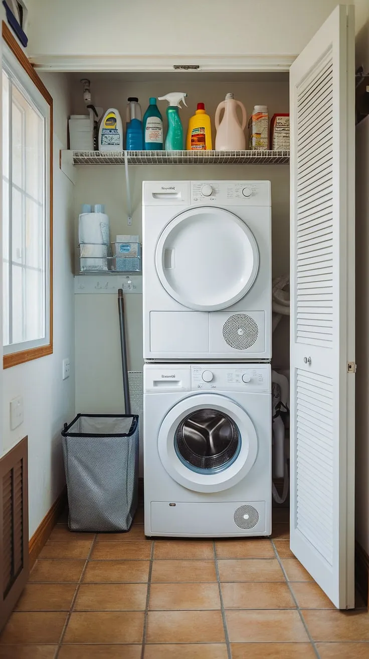 Maximize space and efficiency with this cleverly designed laundry room with stackable washer dryer.  The hallway laundry closet stackable setup offers a streamlined solution, showcasing laundry room ideas stacked washer dryer perfectly.  This laundry room design stacked washer dryer demonstrates how even a small space can be transformed into a functional and organized area, providing ample storage with the stacked laundry closet.  Consider this for your own stacking washer and dryer needs!