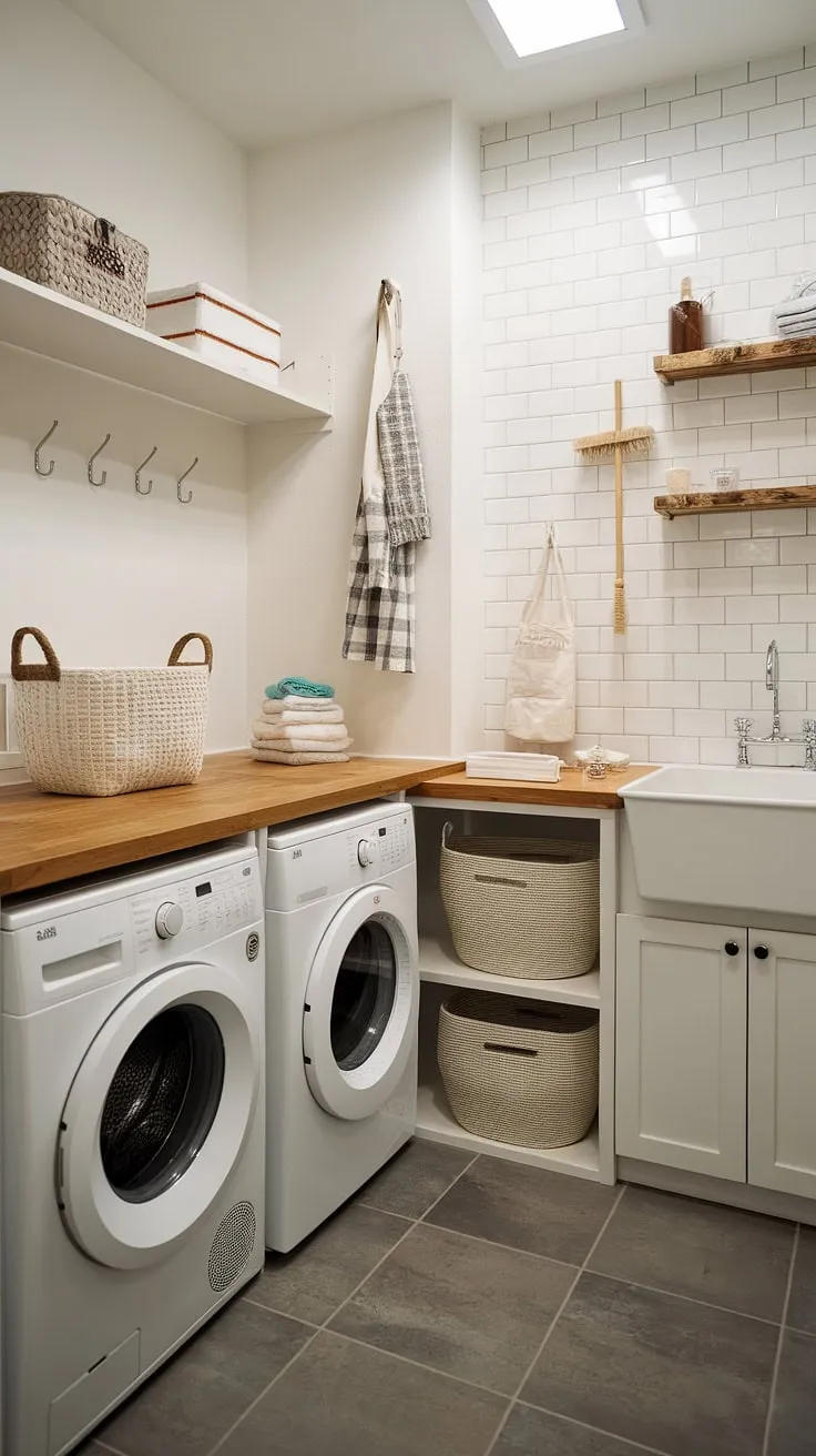 This stylish laundry room is the epitome of modern design and functionality.  Dream laundry room layouts like this make laundry day a breeze, proving that laundry room renovation can transform a chore space into a haven of efficiency and style.  Find your laundry room inspiration here!