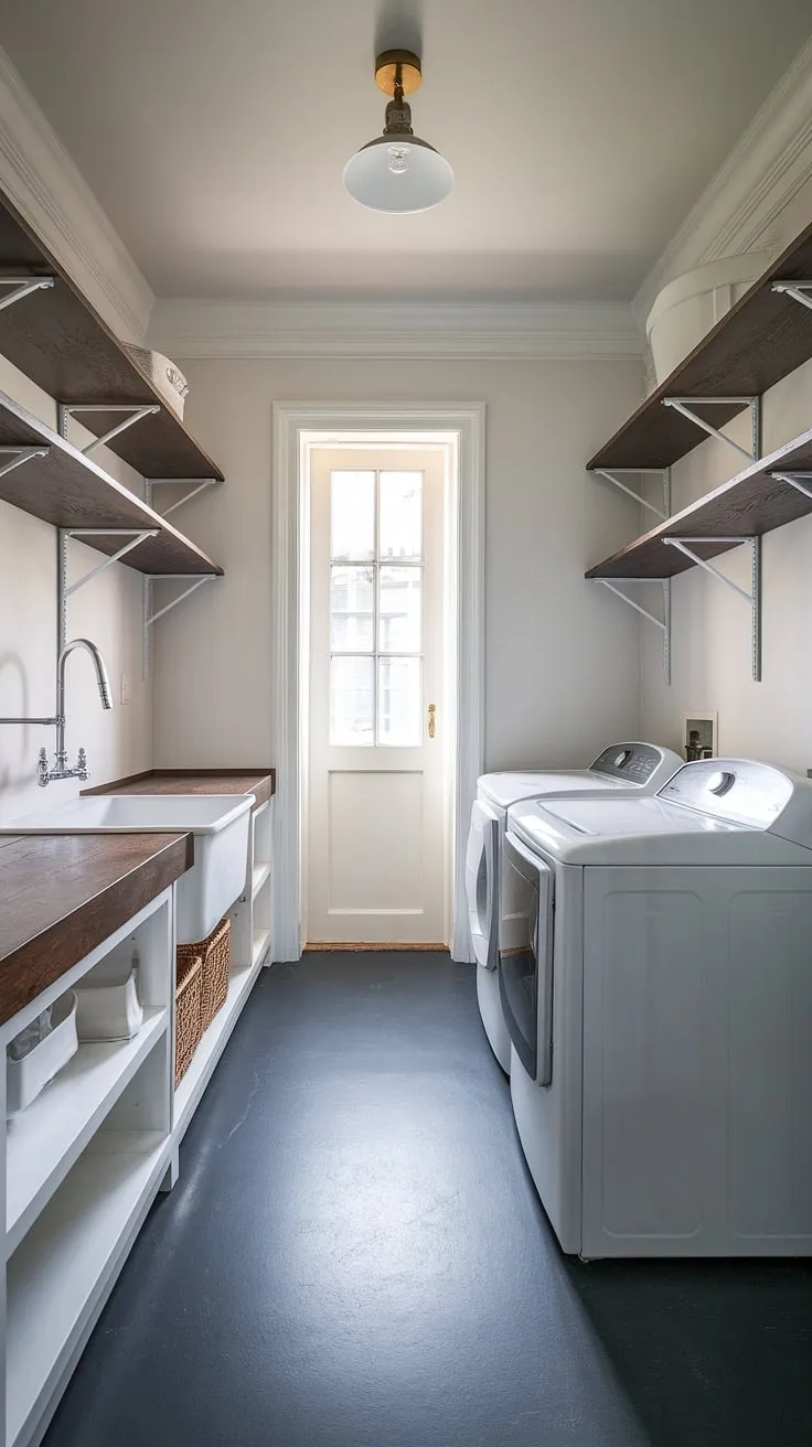 Laundry room renovation goals! This modern laundry rooms design showcases how a little creativity can transform a mundane space.  From the dark grey floor to the sleek appliances, every detail contributes to this dream laundry room.  Find your own laundry room inspiration and explore different laundry room layouts to achieve your perfect space.