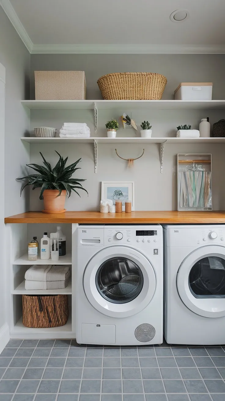 This stylish laundry room is the epitome of a dream laundry room.  The modern layout, complete with sleek appliances and thoughtful storage solutions, offers laundry room inspiration for your own renovation.  Consider this a masterclass in laundry room layouts.