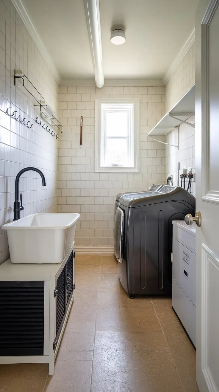 This stylish laundry room is the epitome of modern design, proving that even utilitarian spaces can be dreamy.  The thoughtful laundry room layouts and clever use of black and white create a sophisticated atmosphere, perfect for laundry room inspiration and a successful laundry room renovation.
