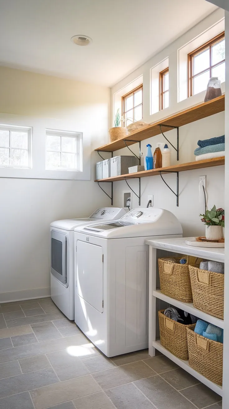 This stylish laundry room renovation is the epitome of modern laundry room layouts.  Natural light floods the space, highlighting the sleek design and perfectly organized cleaning supplies.  Laundry day just got a whole lot more enjoyable. This dream laundry room is pure laundry room inspiration.